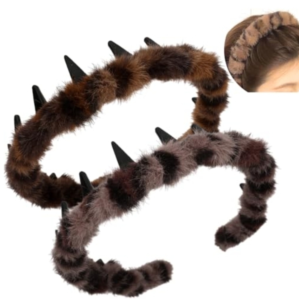 💄 2 Faux Fur Spiked Headband - Brown & Black